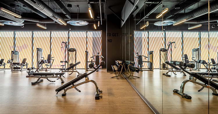 Our fitness center with weight lifting equipment and treadmills