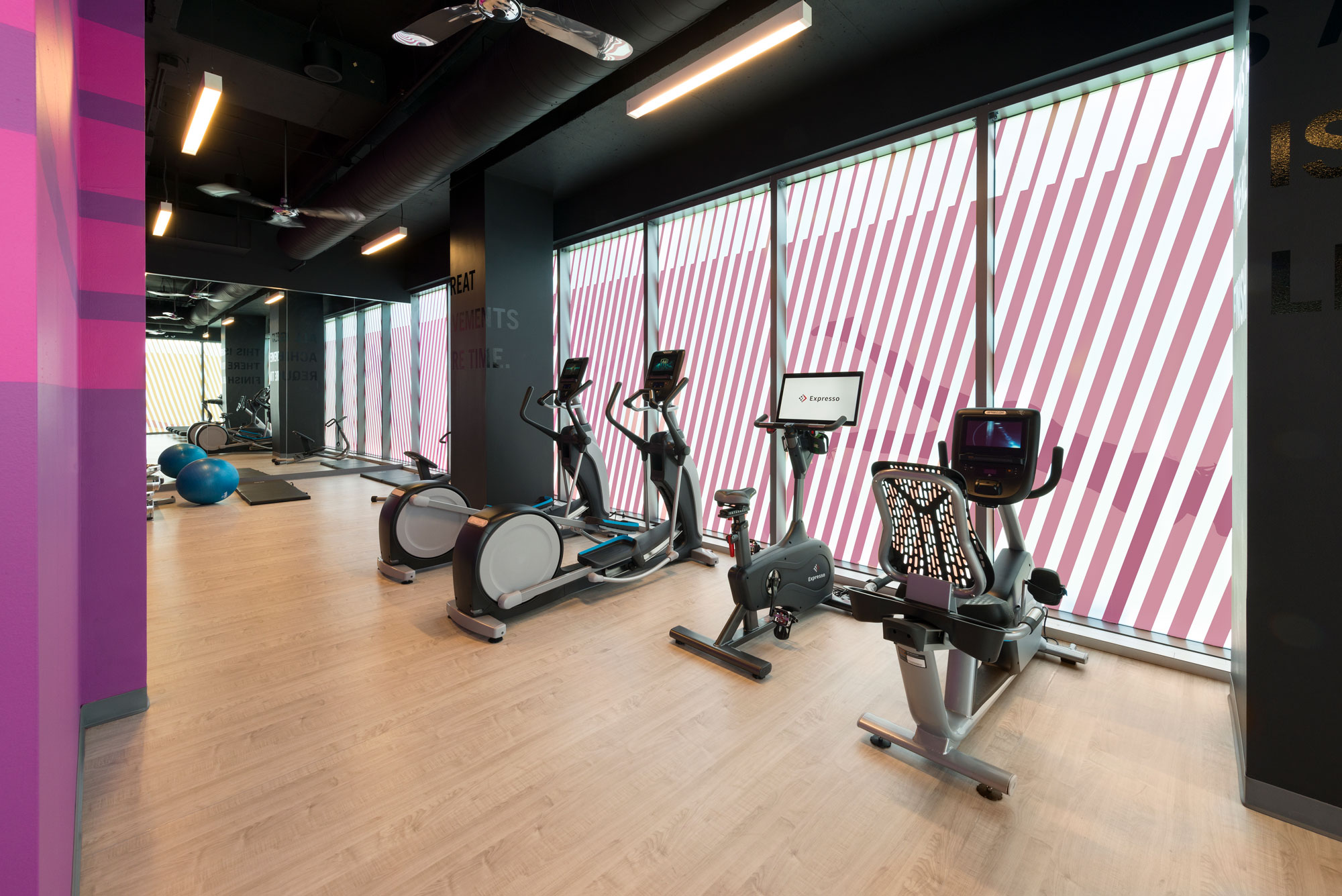 Bright, modern fitness center with weight lifting equipment and treadmills